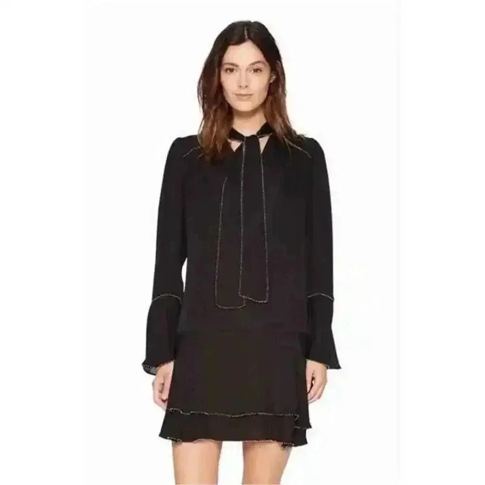 348 Parker Black Cathryn Silk Beaded Smocked Long Sleeve Dress Size Small